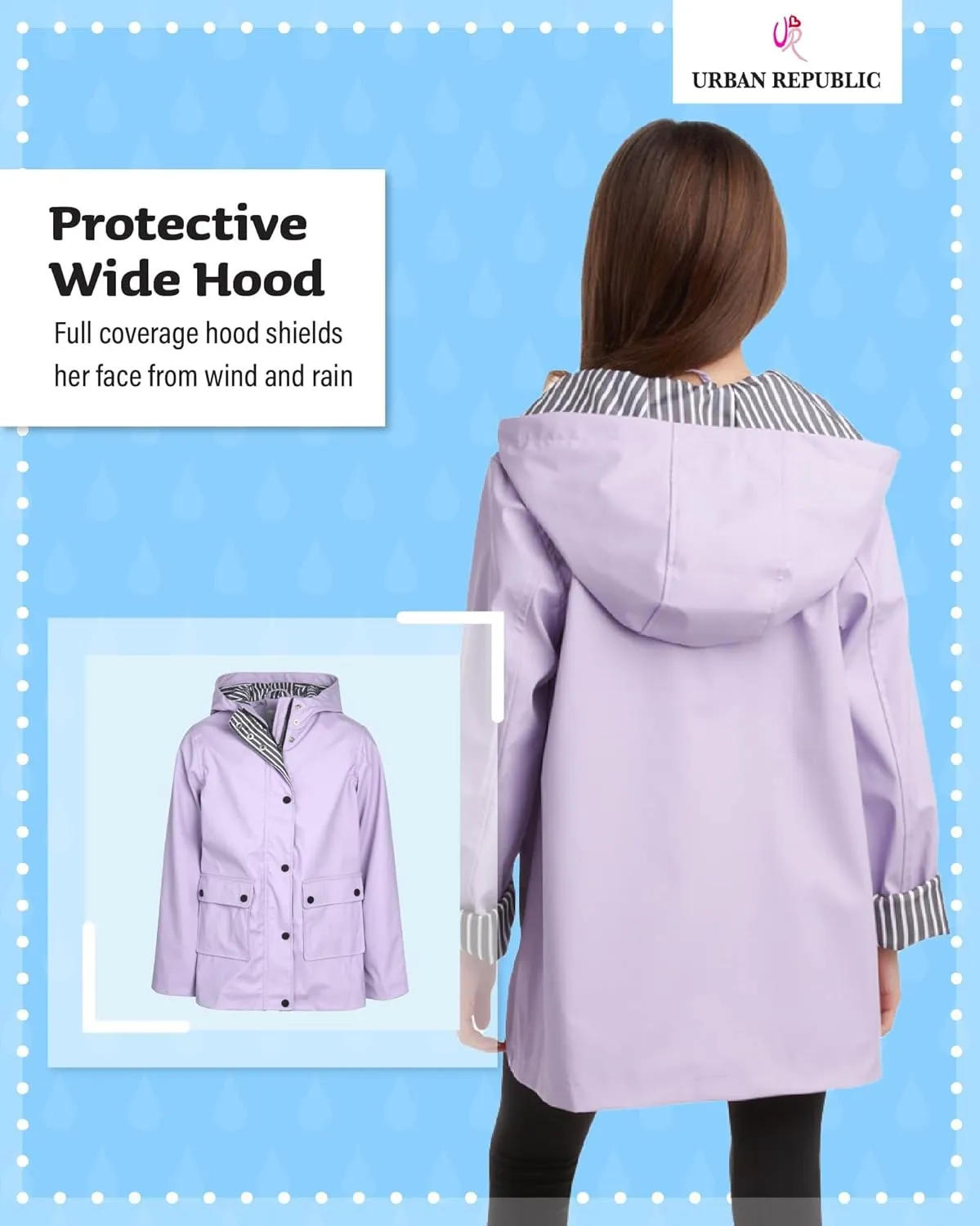 URBAN REPUBLIC Girls' Rain Jacket - Water-Resistant Slicker Shell Outerwear Windbreaker Raincoat with Hood (Sizes: 7-16)