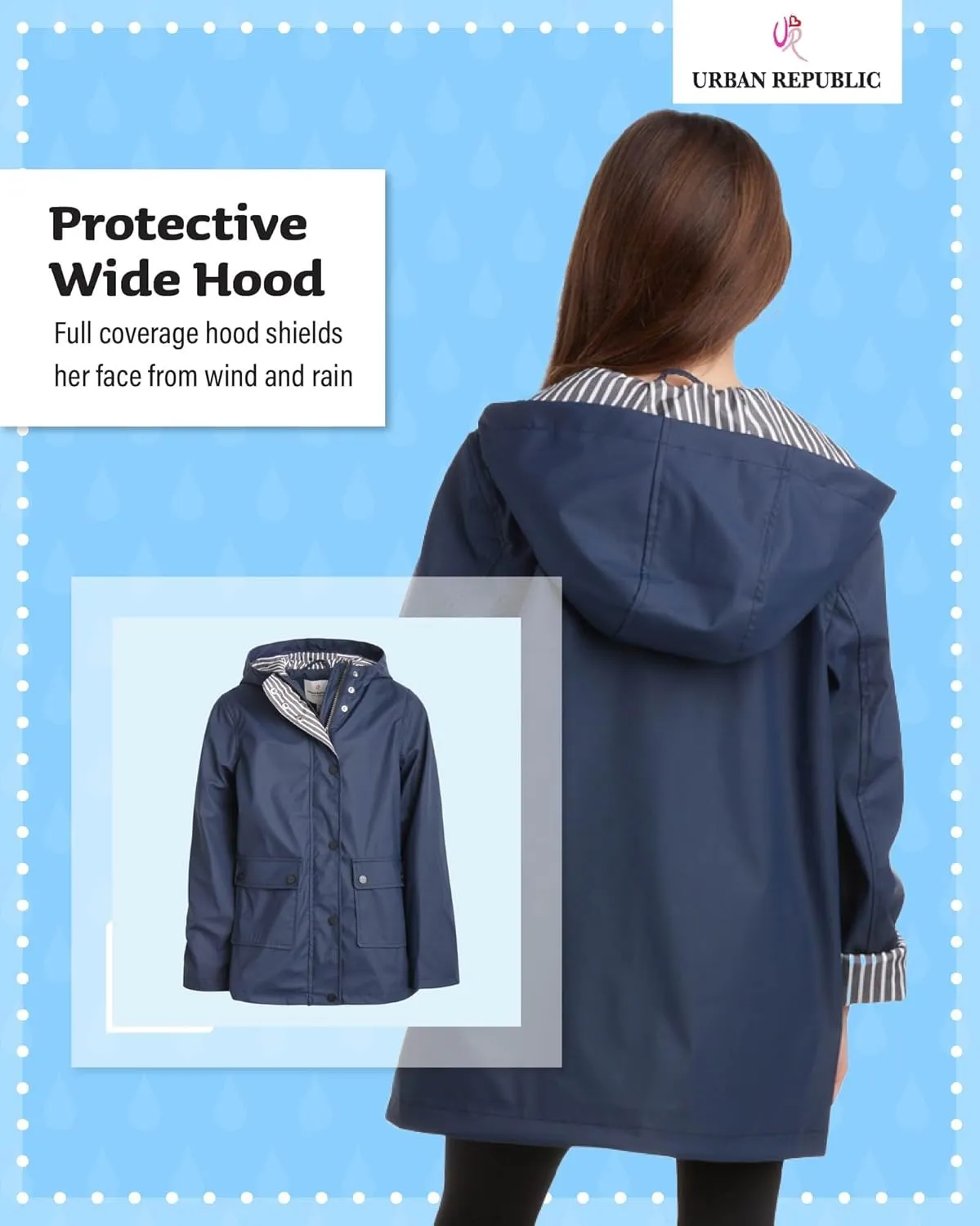 URBAN REPUBLIC Girls' Rain Jacket - Water-Resistant Slicker Shell Outerwear Windbreaker Raincoat with Hood (Sizes: 7-16)