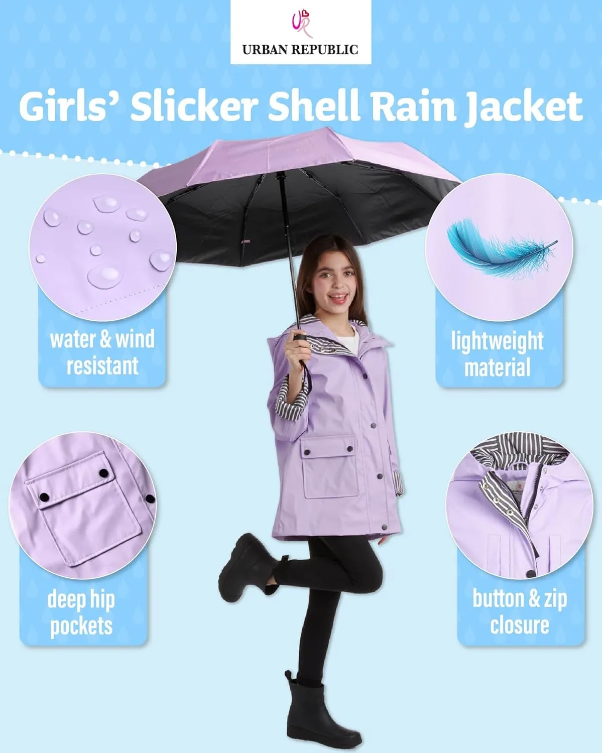 URBAN REPUBLIC Girls' Rain Jacket - Water-Resistant Slicker Shell Outerwear Windbreaker Raincoat with Hood (Sizes: 7-16)