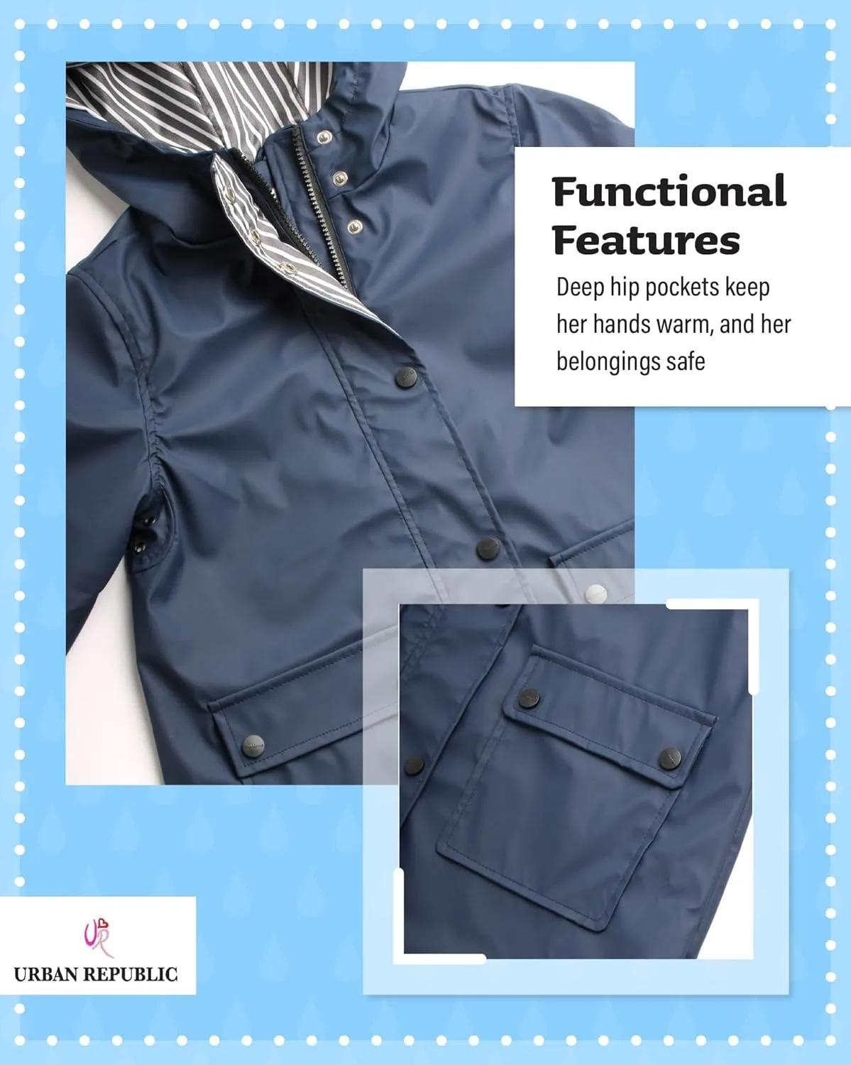 URBAN REPUBLIC Girls' Rain Jacket - Water-Resistant Slicker Shell Outerwear Windbreaker Raincoat with Hood (Sizes: 7-16)