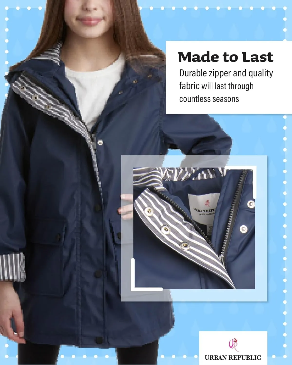 URBAN REPUBLIC Girls' Rain Jacket - Water-Resistant Slicker Shell Outerwear Windbreaker Raincoat with Hood (Sizes: 7-16)