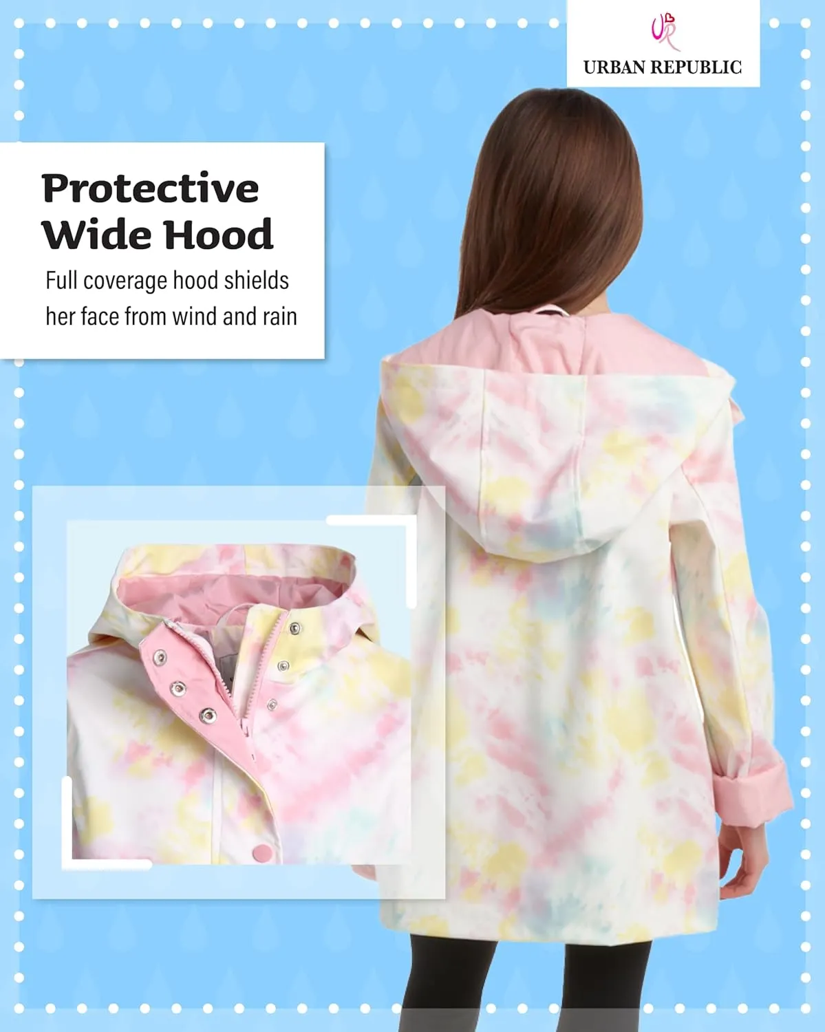 URBAN REPUBLIC Girls' Rain Jacket - Water-Resistant Slicker Shell Outerwear Windbreaker Raincoat with Hood (Sizes: 7-16)