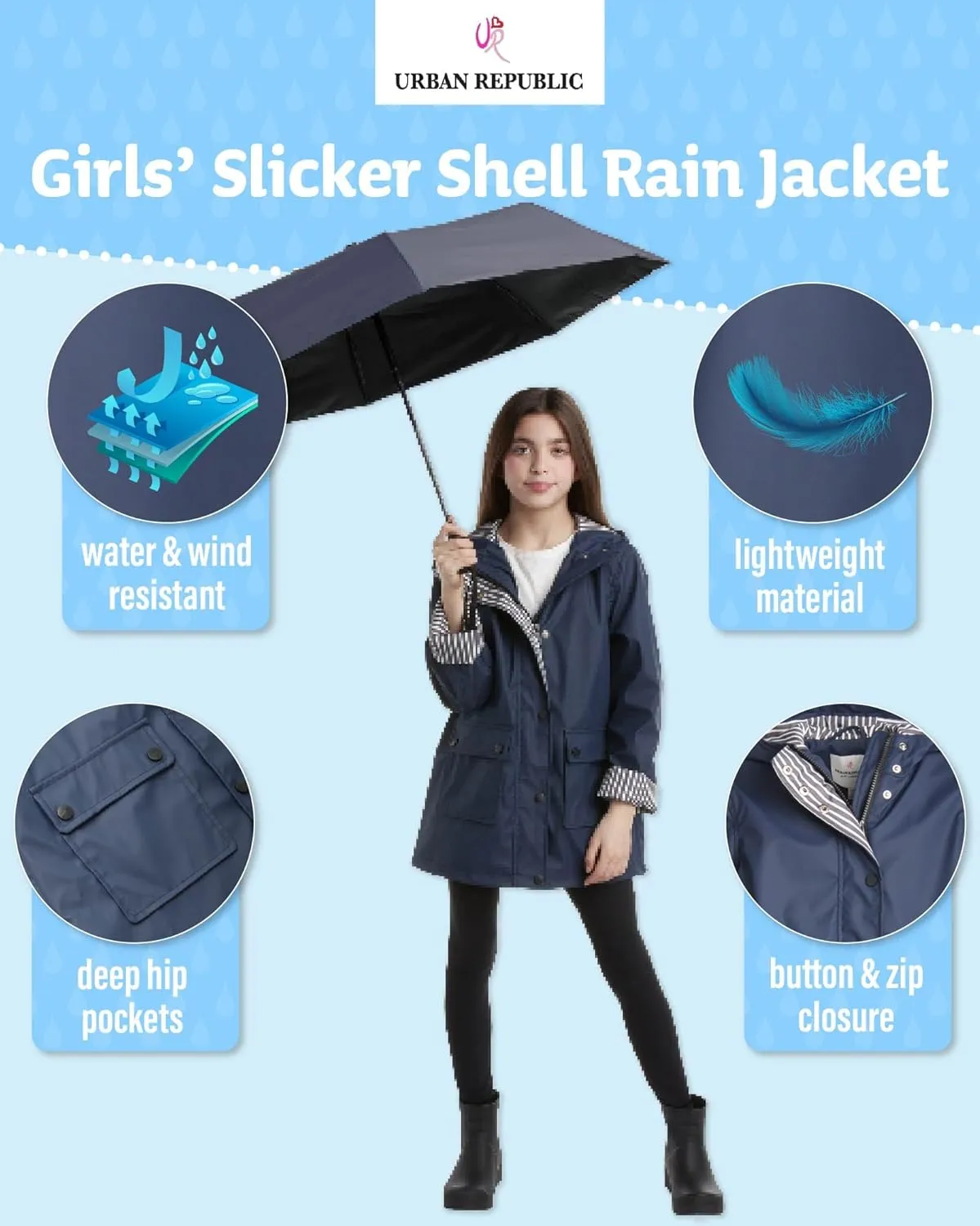 URBAN REPUBLIC Girls' Rain Jacket - Water-Resistant Slicker Shell Outerwear Windbreaker Raincoat with Hood (Sizes: 7-16)