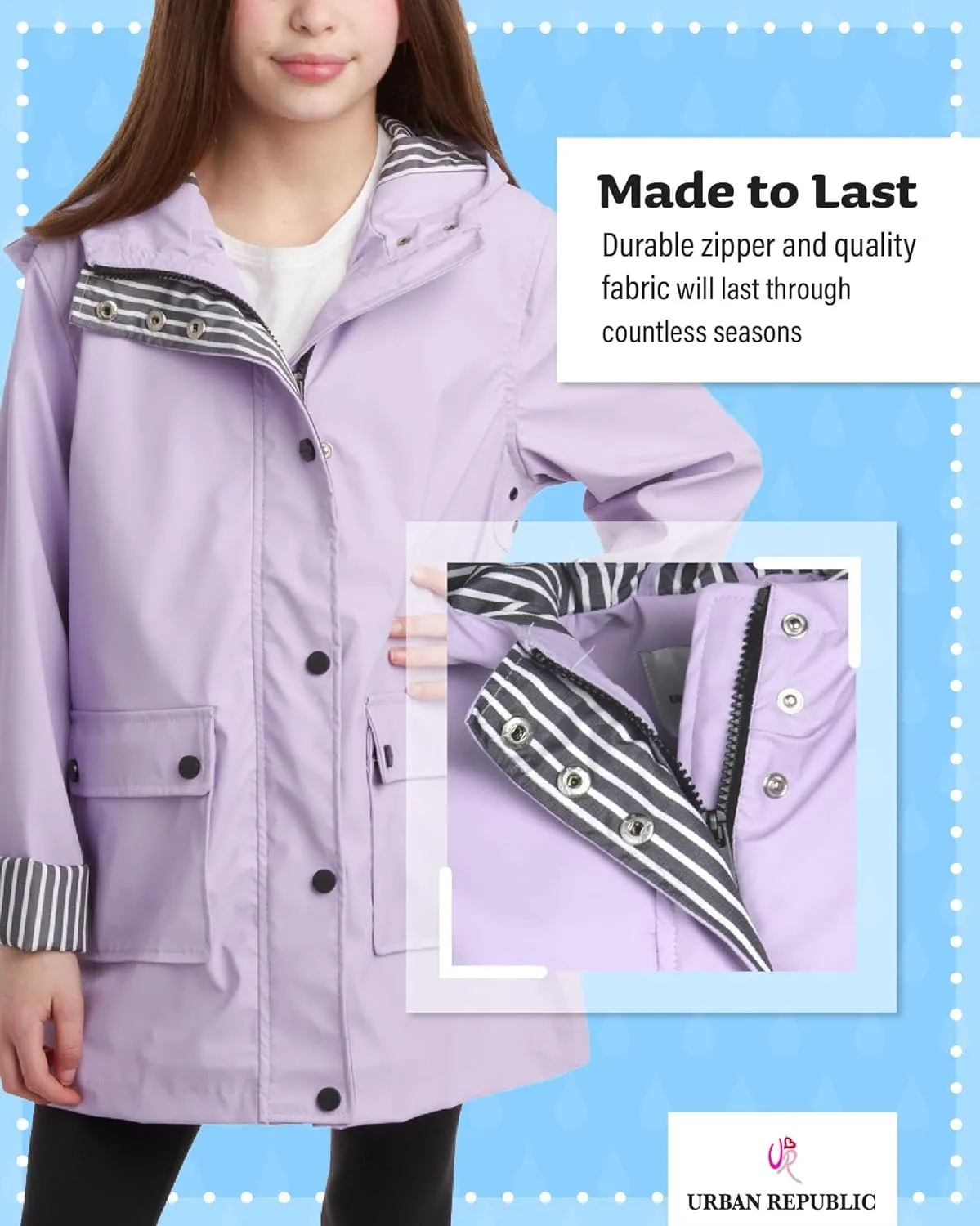URBAN REPUBLIC Girls' Rain Jacket - Water-Resistant Slicker Shell Outerwear Windbreaker Raincoat with Hood (Sizes: 7-16)