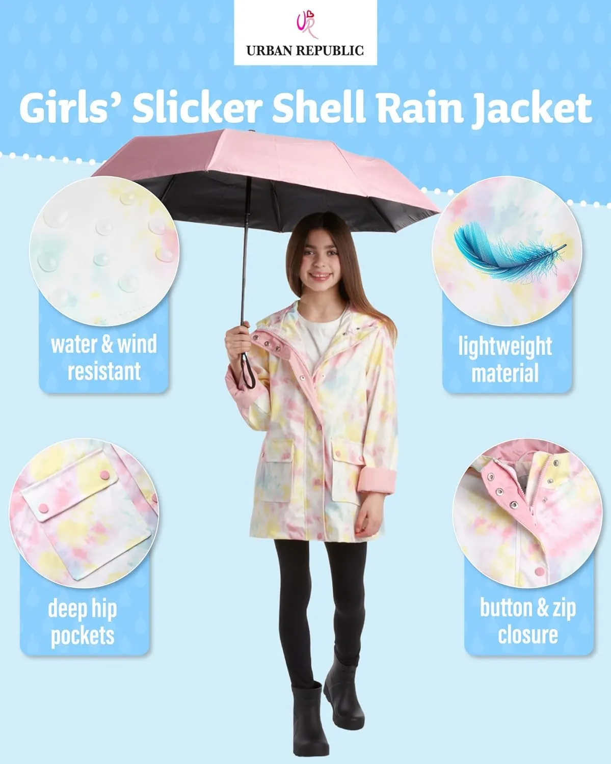 URBAN REPUBLIC Girls' Rain Jacket - Water-Resistant Slicker Shell Outerwear Windbreaker Raincoat with Hood (Sizes: 7-16)