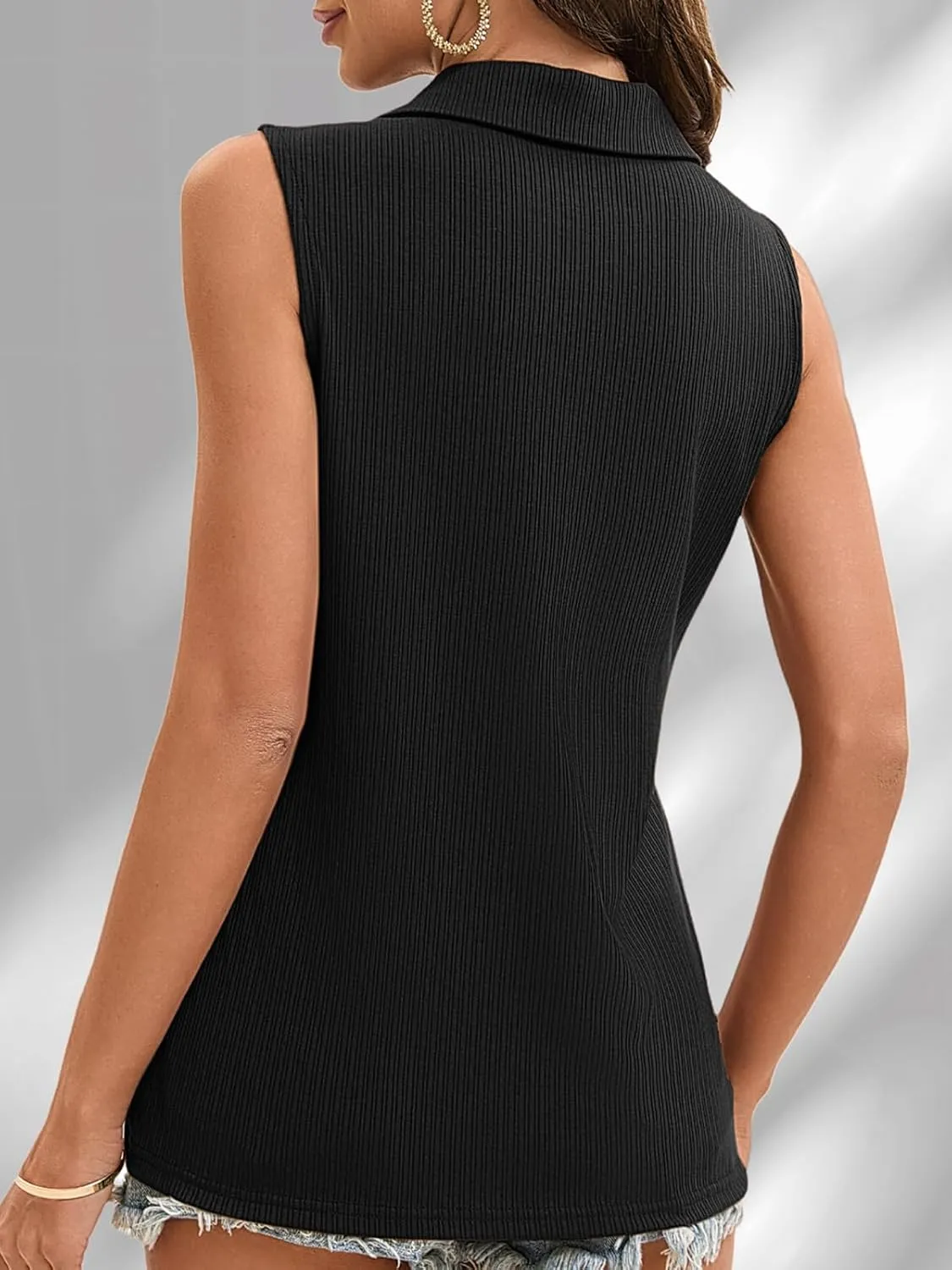 V Neck Tank Tops for Women Summer Sleeveless Blouses Casual Collared Shirts Solid Color Stretchy Loose Fit Top