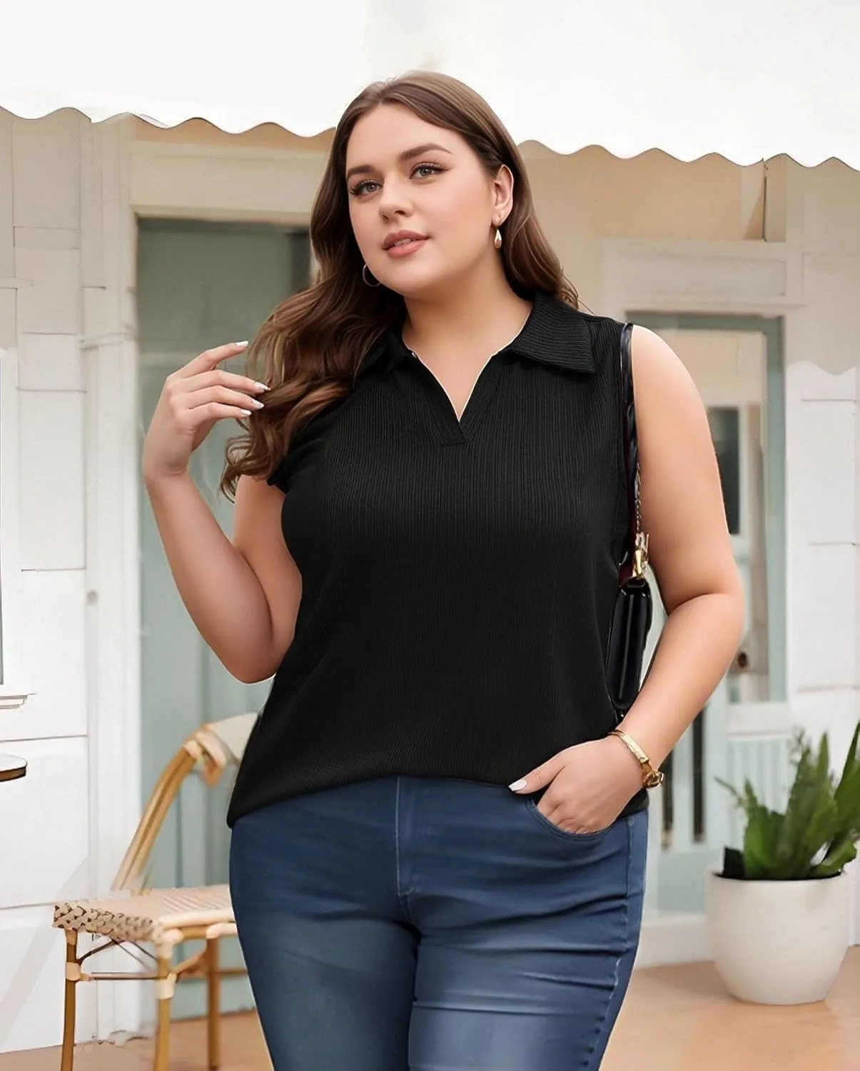 V Neck Tank Tops for Women Summer Sleeveless Blouses Casual Collared Shirts Solid Color Stretchy Loose Fit Top