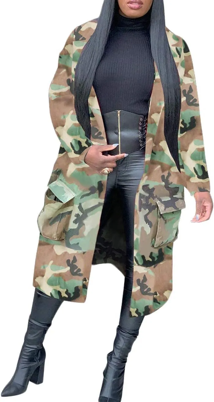 Vakkest Camo Blazer Jacket for Women Lapel Long Sleeve Open Front Cardigan Coat Classic Pockets Overcoat Outwear