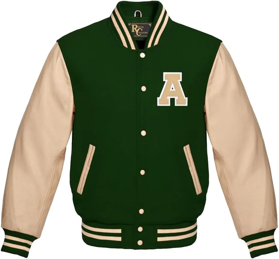 Varsity Jacket Bomber Style School Jacket Wool Premium Cream Leather Sleeves Jacket letter A