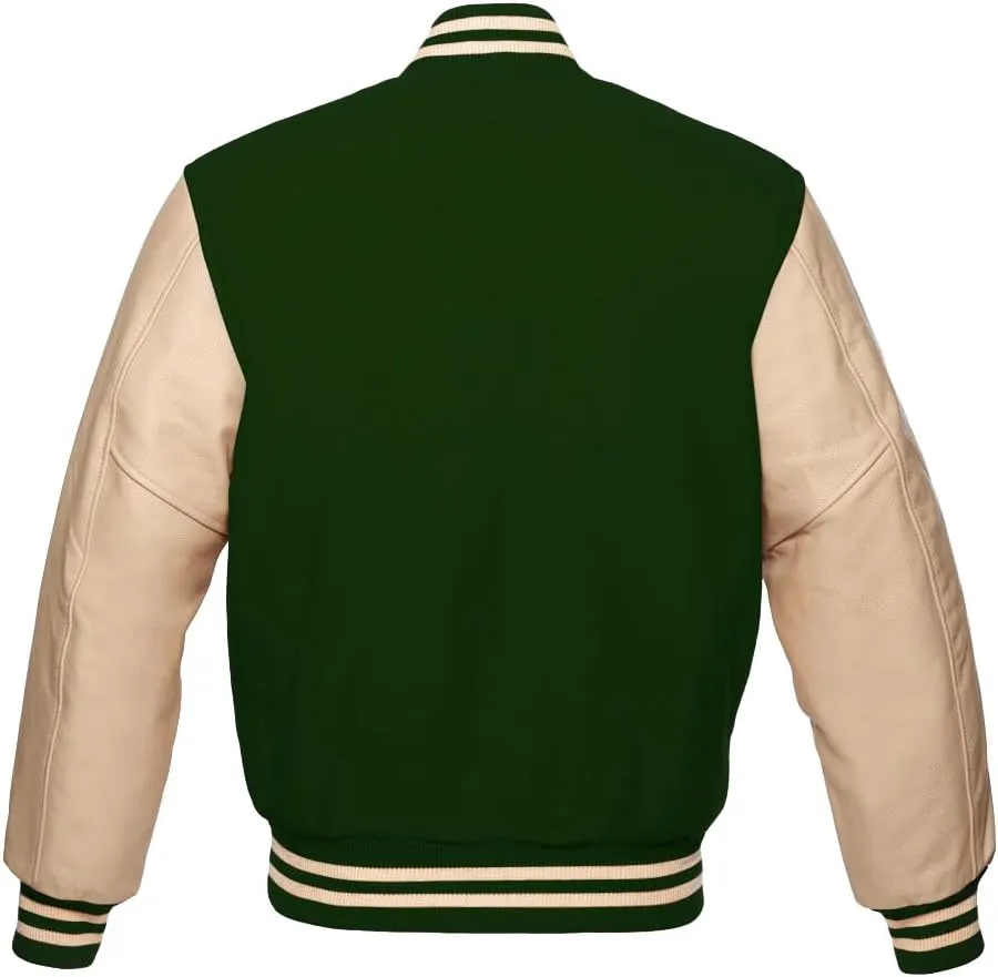 Varsity Jacket Bomber Style School Jacket Wool Premium Cream Leather Sleeves Jacket letter A