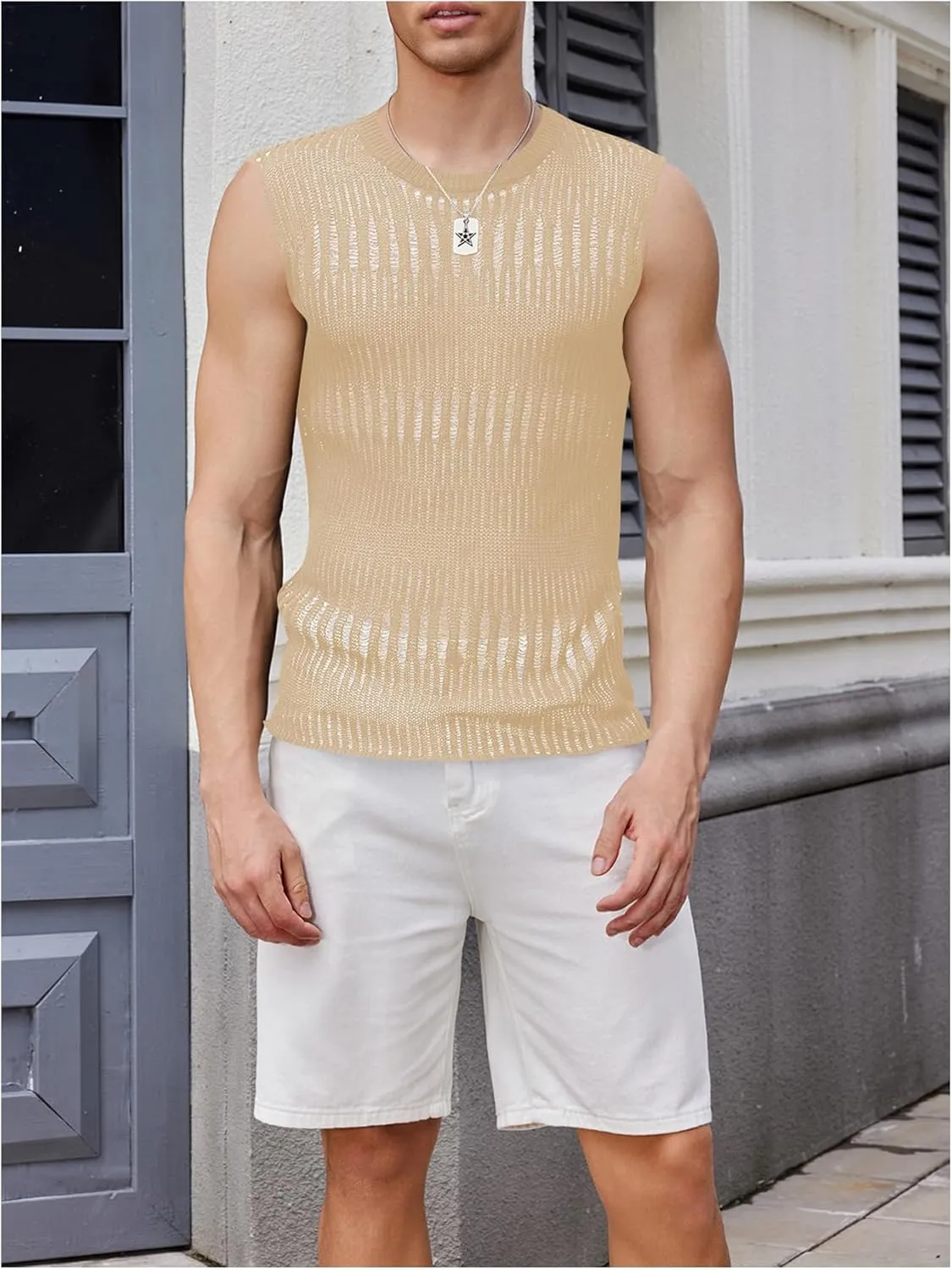 Verdusa Men's Knitted Tank Top Sleeveless Round Neck Pullover Shirt Undershirt