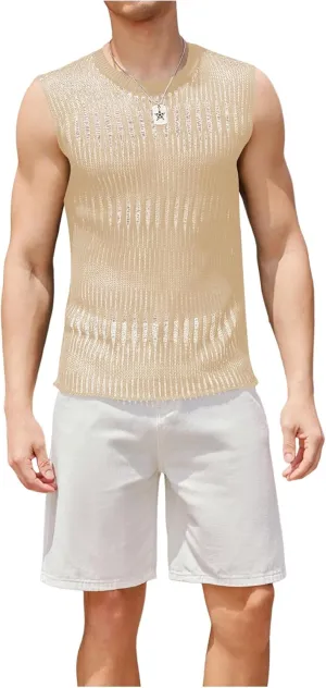 Verdusa Men's Knitted Tank Top Sleeveless Round Neck Pullover Shirt Undershirt