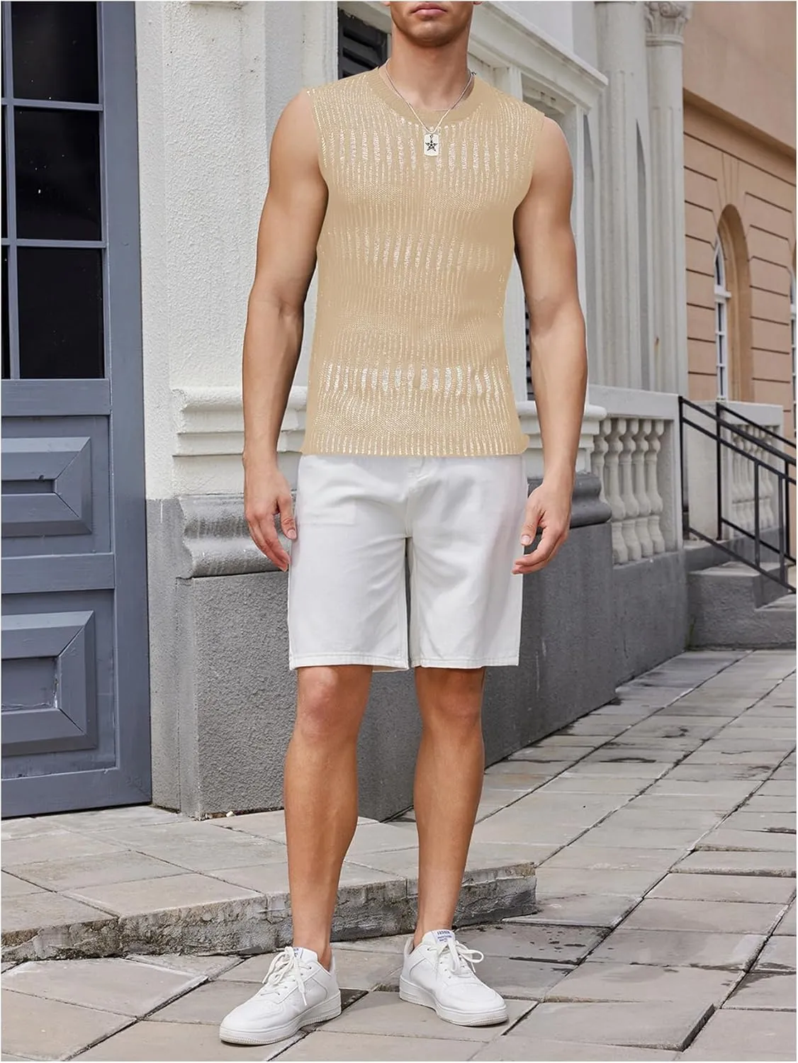 Verdusa Men's Knitted Tank Top Sleeveless Round Neck Pullover Shirt Undershirt