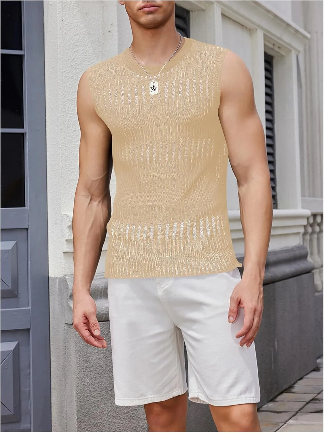 Verdusa Men's Knitted Tank Top Sleeveless Round Neck Pullover Shirt Undershirt