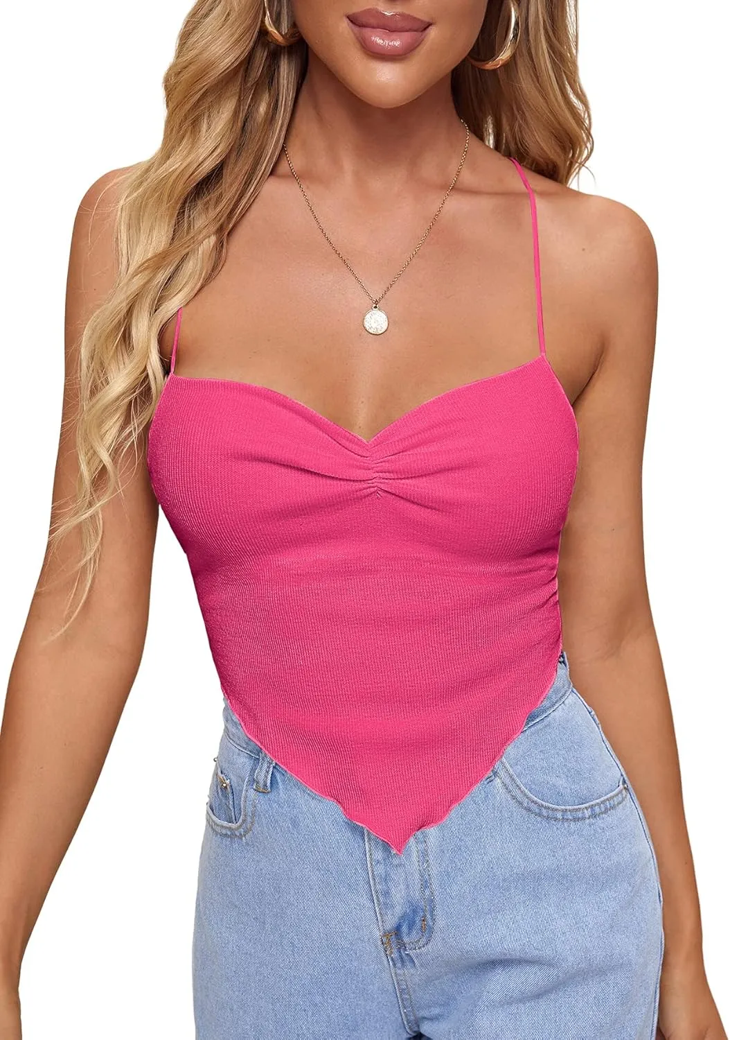 Verdusa Women's Criss Cross Backless Strappy Asymmetrical Hem Crop Cami Top