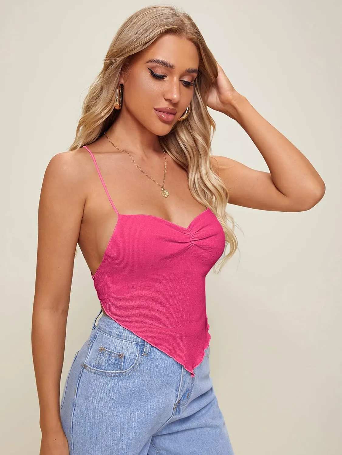 Verdusa Women's Criss Cross Backless Strappy Asymmetrical Hem Crop Cami Top