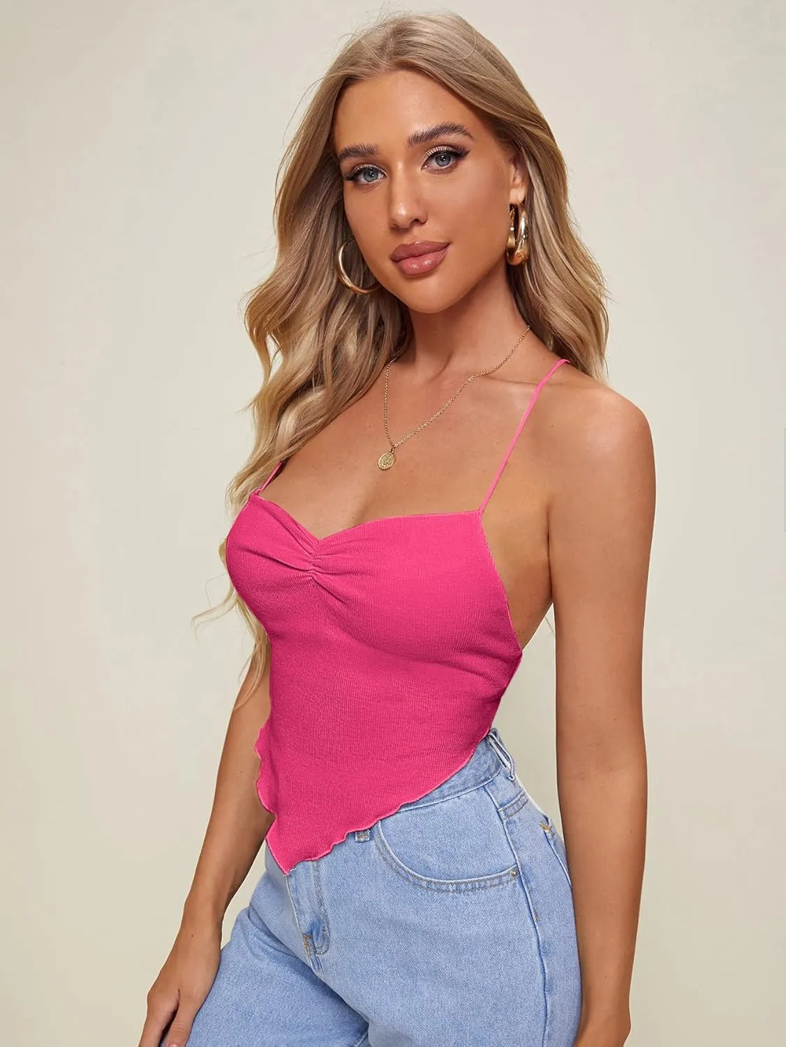 Verdusa Women's Criss Cross Backless Strappy Asymmetrical Hem Crop Cami Top