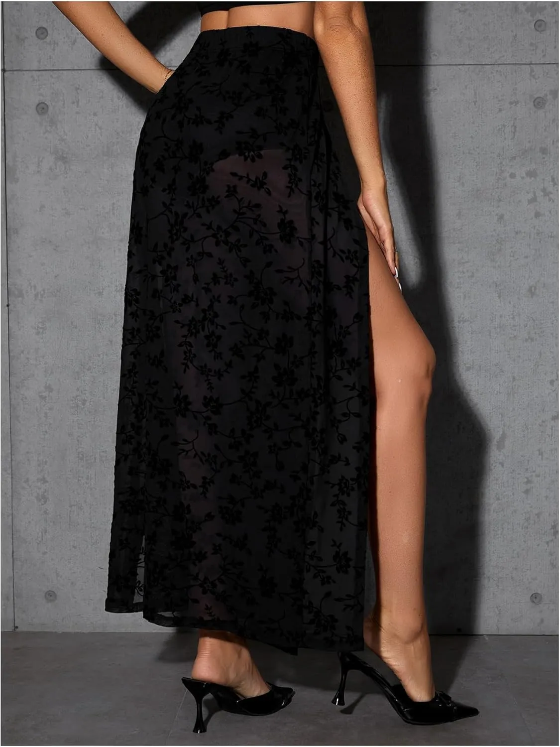 Verdusa Women's Double Split Floral Mesh High Waist Flowy Maxi Long Skirt with Short