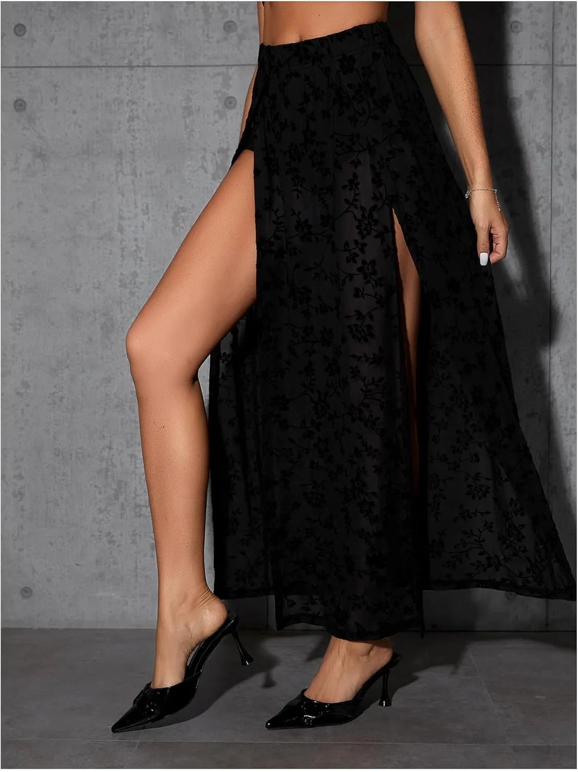 Verdusa Women's Double Split Floral Mesh High Waist Flowy Maxi Long Skirt with Short
