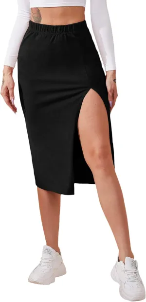 Verdusa Women's Elastic Waist Split Thigh Pencil Bodycon Midi Skirt
