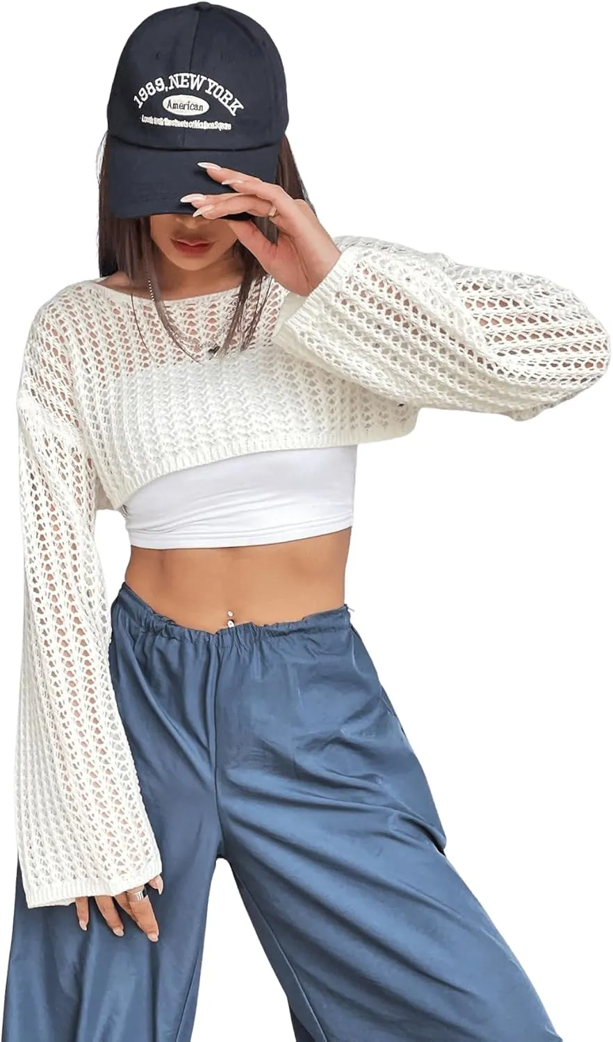 Verdusa Women's Hollow Out Knit Drop Shoulder Crop Sweater Pullover Top