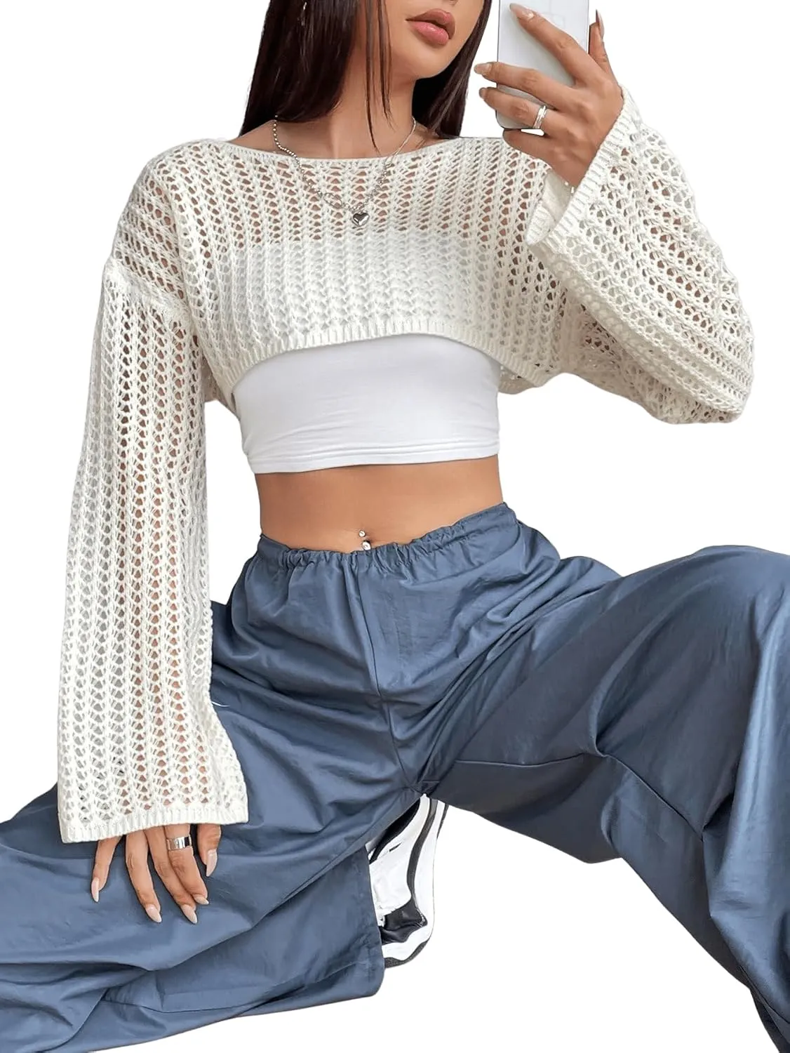 Verdusa Women's Hollow Out Knit Drop Shoulder Crop Sweater Pullover Top