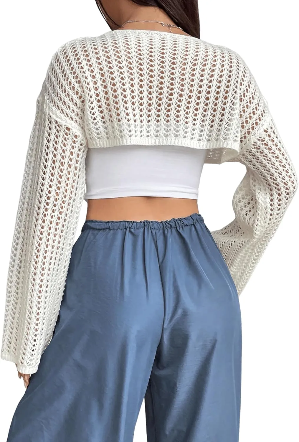 Verdusa Women's Hollow Out Knit Drop Shoulder Crop Sweater Pullover Top
