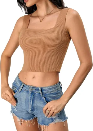 Verdusa Women's Square Neck Sleeveless Solid Ribbed Knit Crop Top Tank