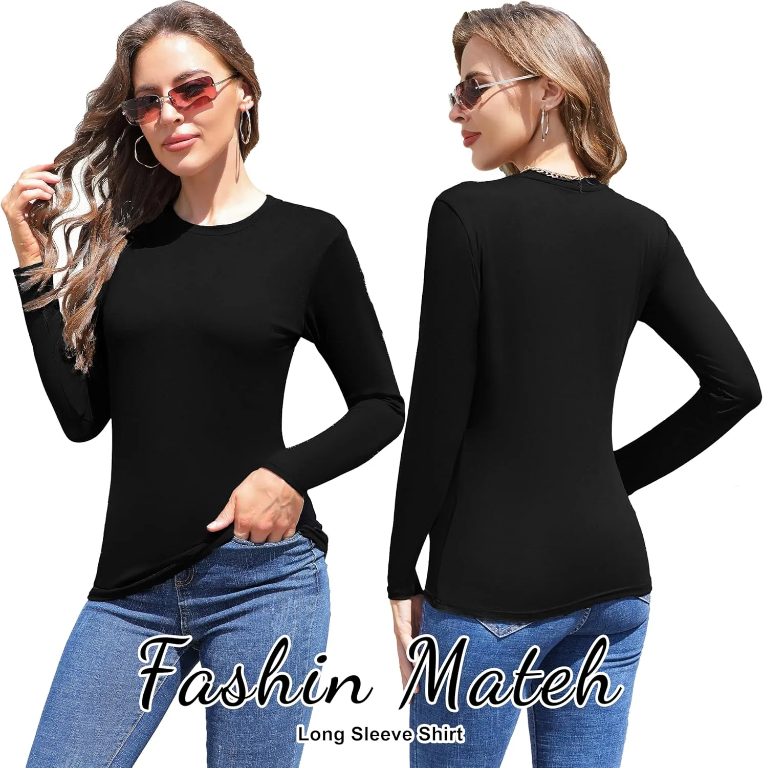 Vomidia 5 Piece Womens Crew Neck Long Sleeve Shirts Basic Tops Fall Fashion Layering Slim Fitted Y2k Tops