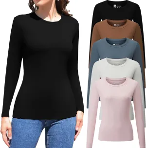 Vomidia 5 Piece Womens Crew Neck Long Sleeve Shirts Basic Tops Fall Fashion Layering Slim Fitted Y2k Tops