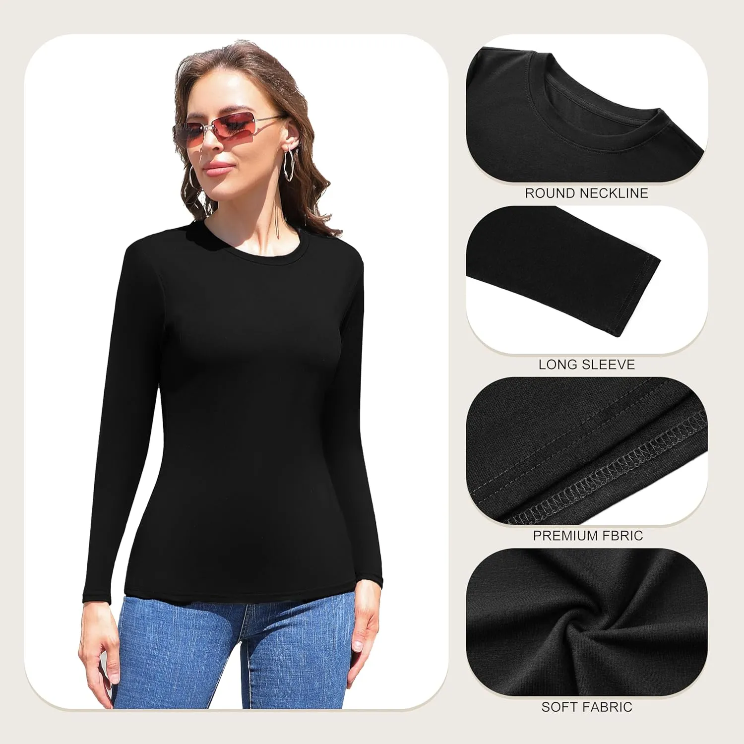 Vomidia 5 Piece Womens Crew Neck Long Sleeve Shirts Basic Tops Fall Fashion Layering Slim Fitted Y2k Tops