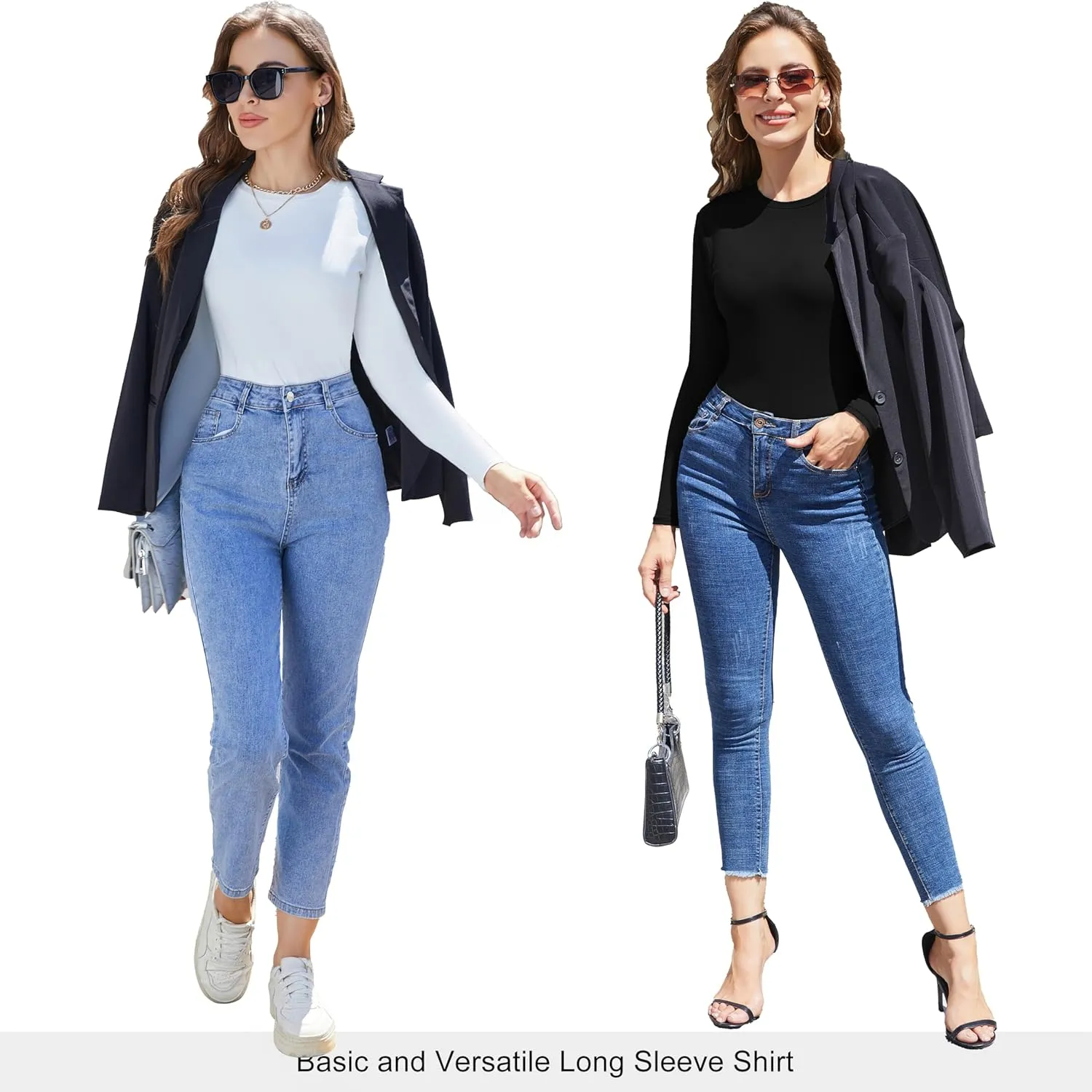 Vomidia 5 Piece Womens Crew Neck Long Sleeve Shirts Basic Tops Fall Fashion Layering Slim Fitted Y2k Tops