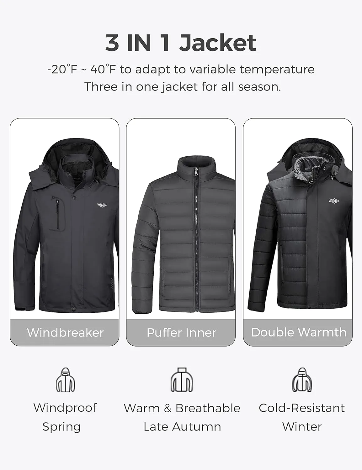 wantdo Men's 3 in 1 Waterproof Ski Jacket Warm Winter Snow Coat Puffer Rain Jacket