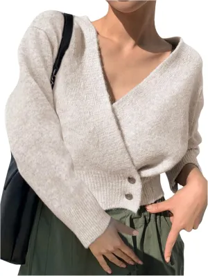 WDIRARA Women's Wrap V Neck Sweater Button Front Long Sleeve Crop Knitted Top