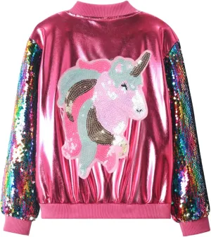WELAKEN Uniocrn Bomber Jacket With Sparkly Sleeve For Girls, Toddler & Kids Sequin Lightweight Flight Jacket