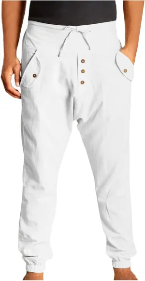 White Linen Pants Drawstring Elastic Waist Skinny-Fit Solid Loose Trousers Fashion Casual Double Pockets Pants