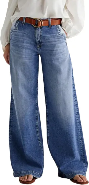 Wide Leg Jeans for Women Mid Waist Baggy Stitch Decor Denim Washed Pants Without Belt