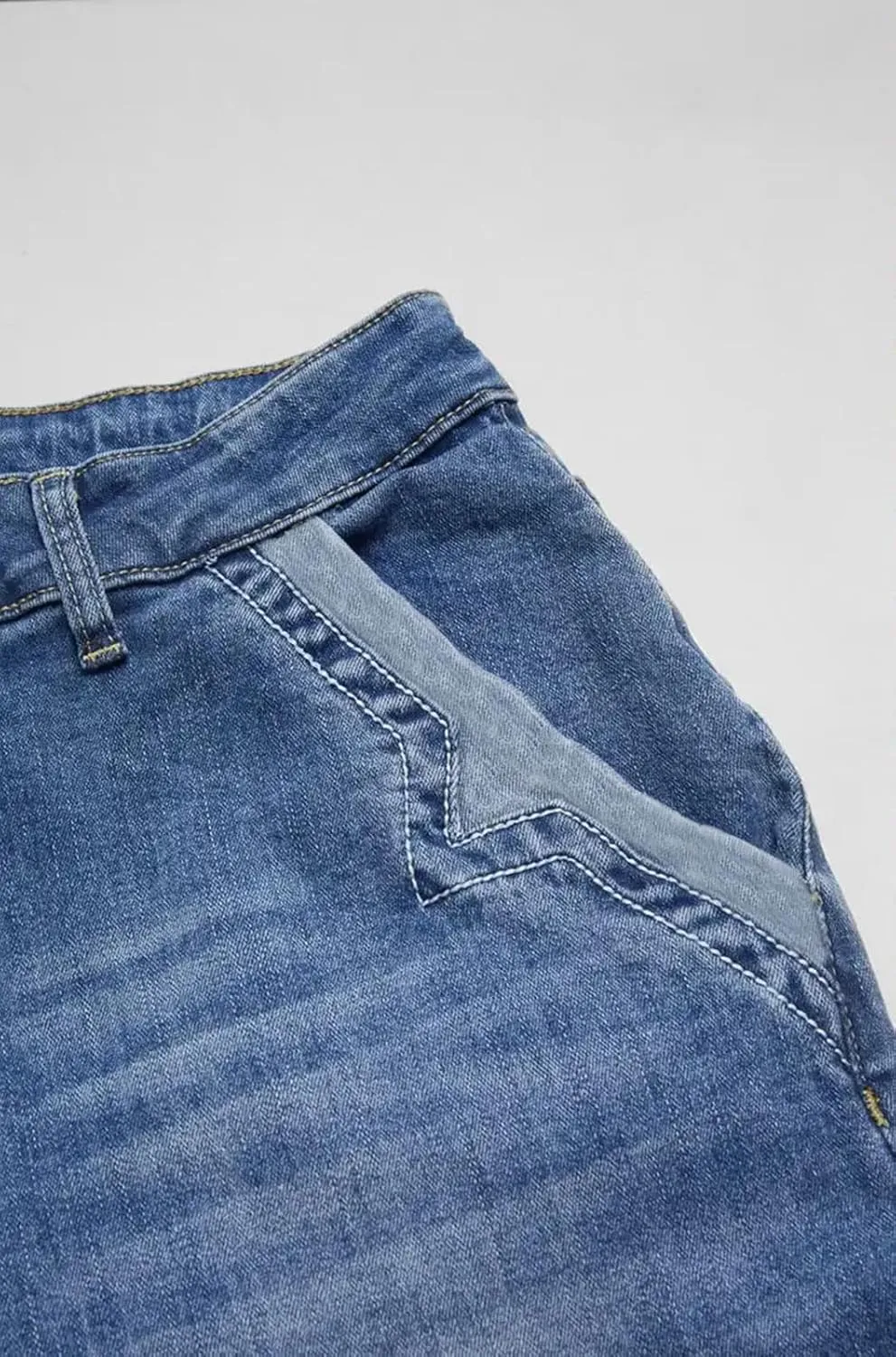 Wide Leg Jeans for Women Mid Waist Baggy Stitch Decor Denim Washed Pants Without Belt