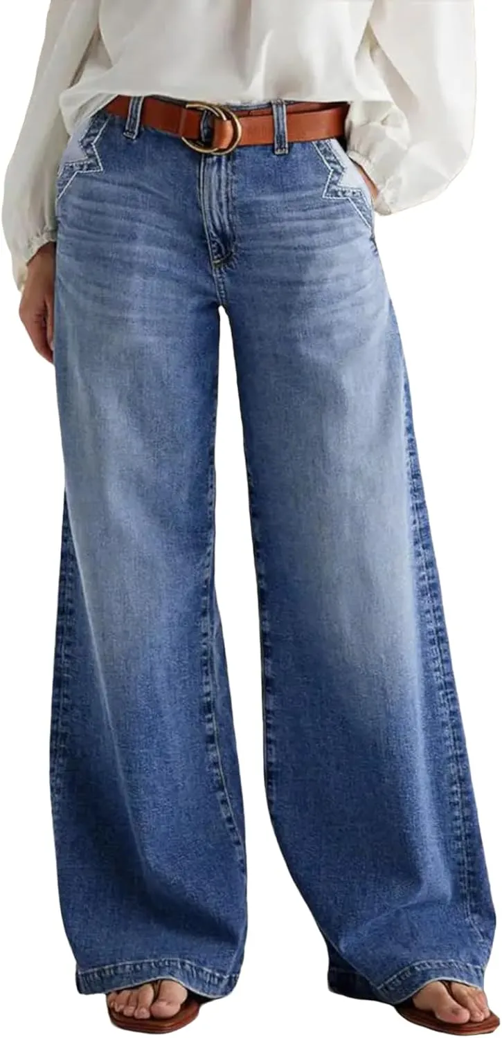 Wide Leg Jeans for Women Mid Waist Baggy Stitch Decor Denim Washed Pants Without Belt