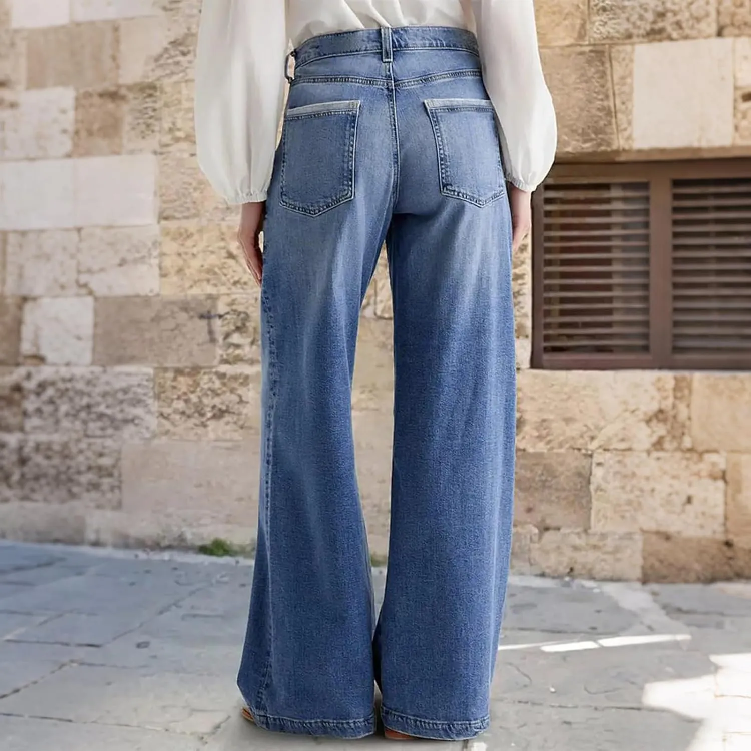 Wide Leg Jeans for Women Mid Waist Baggy Stitch Decor Denim Washed Pants Without Belt