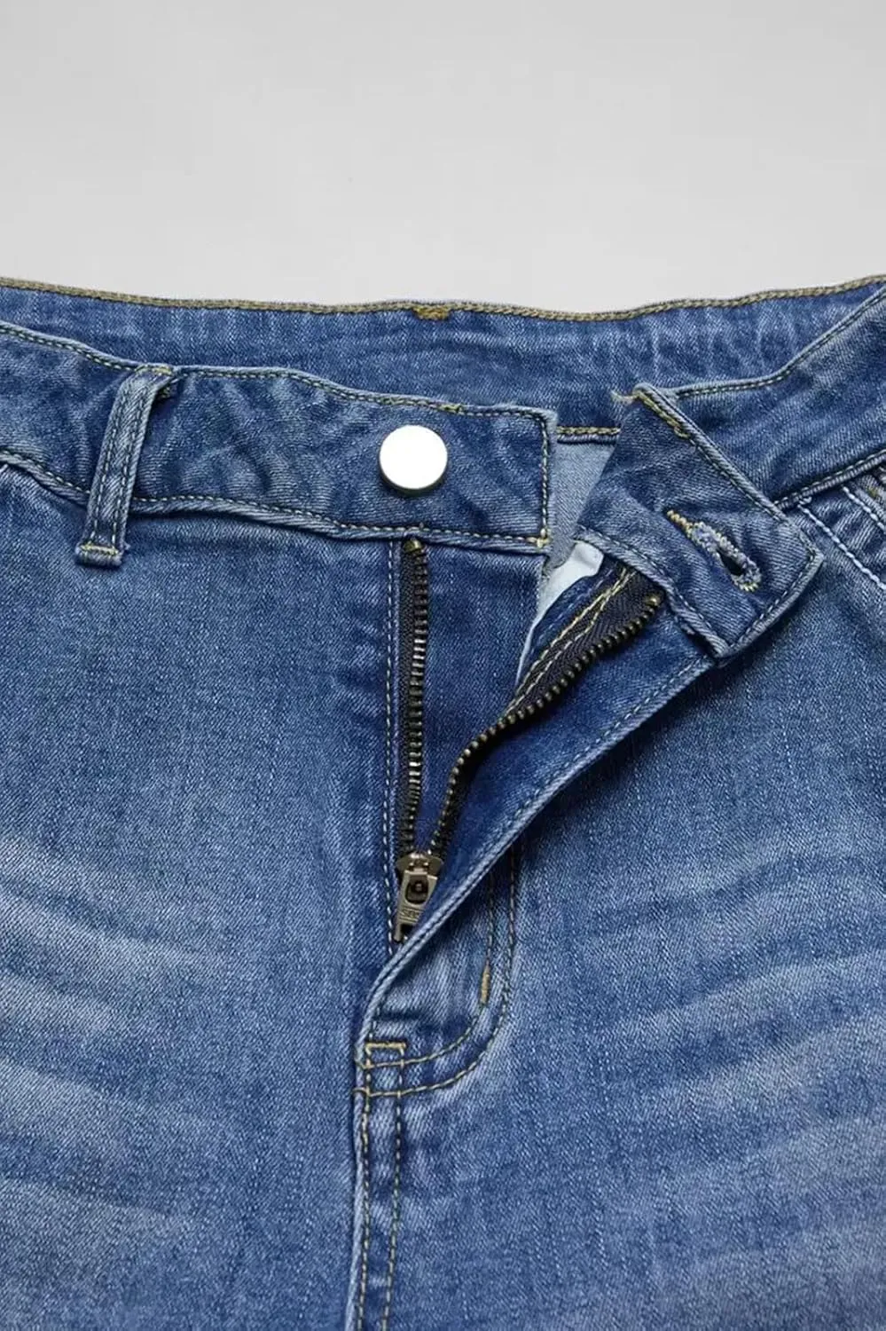 Wide Leg Jeans for Women Mid Waist Baggy Stitch Decor Denim Washed Pants Without Belt