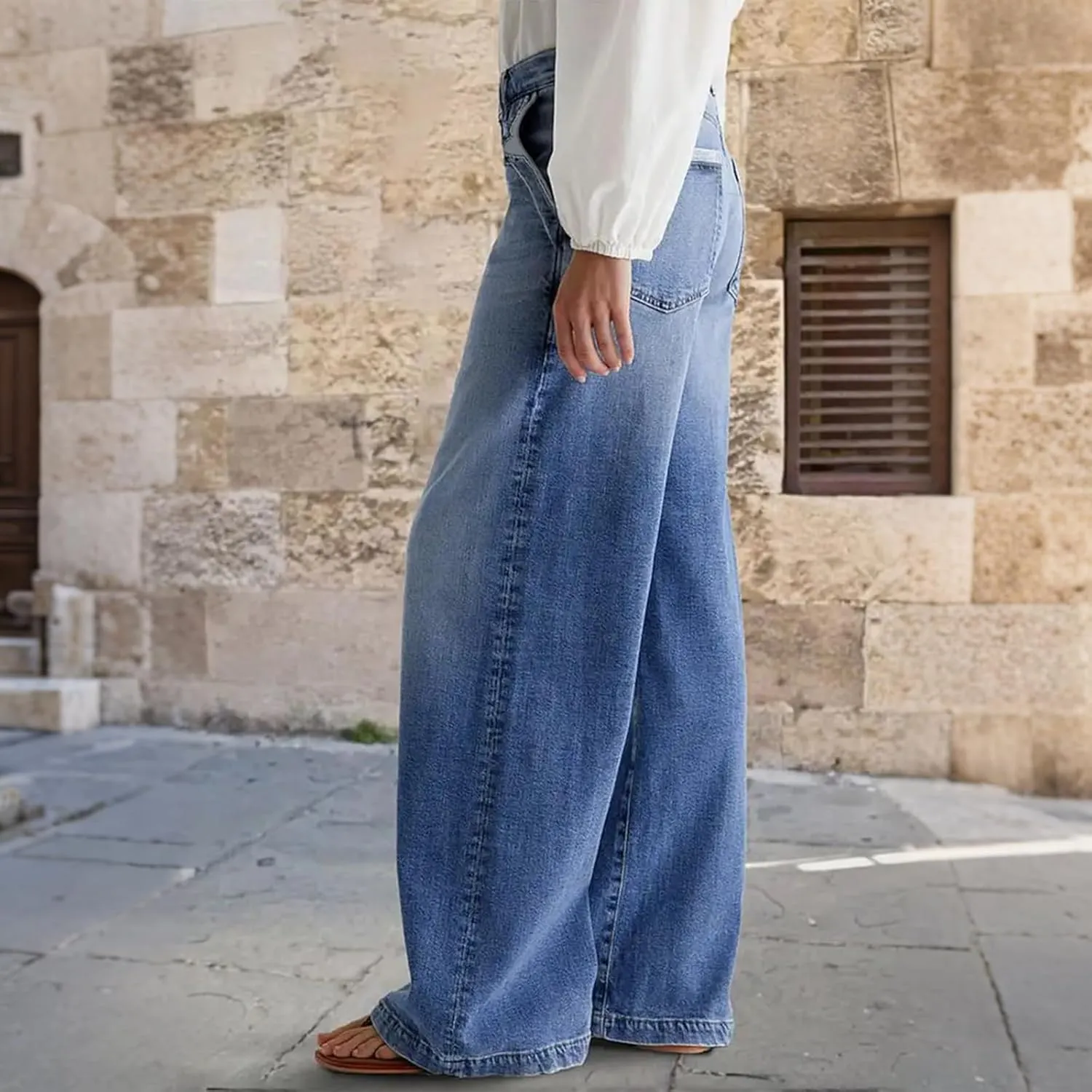 Wide Leg Jeans for Women Mid Waist Baggy Stitch Decor Denim Washed Pants Without Belt