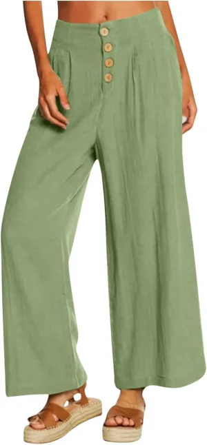 Wide Leg Linen Pants for Women Cotton Elastic Waisted Casual Loose Baggy Flowy Lounge Trousers with Pockets