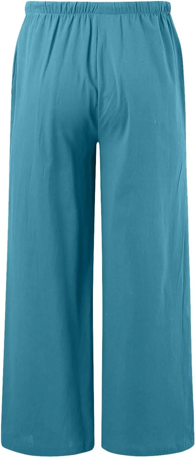 Wide Leg Linen Pants for Women Flowy Summer High Waisted Beach Palazzo Trousers Loose Preppy Yoga Pants Trendy Womens Fashion