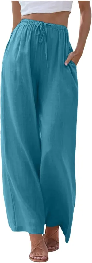 Wide Leg Linen Pants for Women Flowy Summer High Waisted Beach Palazzo Trousers Loose Preppy Yoga Pants Trendy Womens Fashion