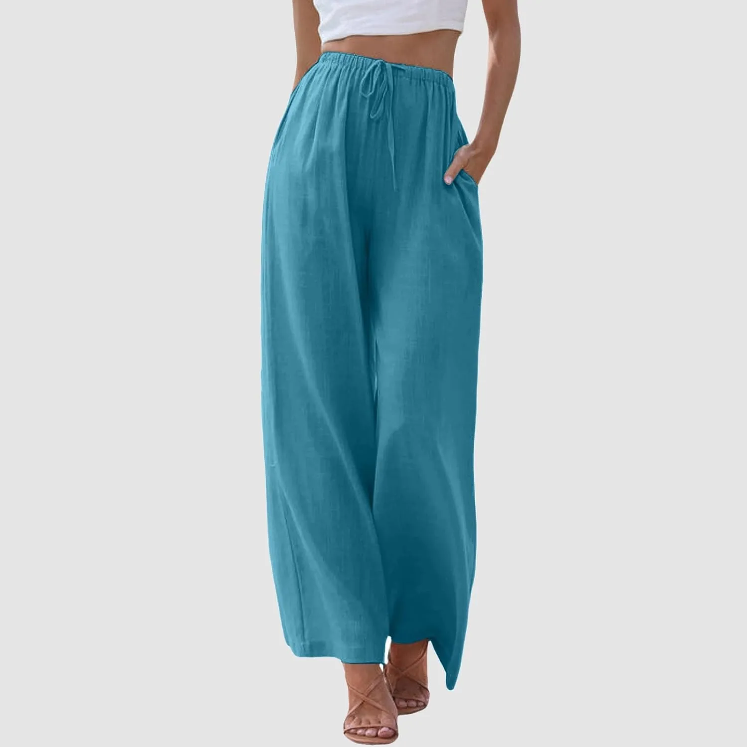 Wide Leg Linen Pants for Women Flowy Summer High Waisted Beach Palazzo Trousers Loose Preppy Yoga Pants Trendy Womens Fashion