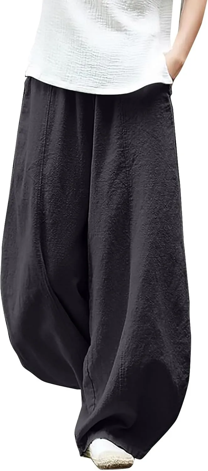 Wide Leg Linen Pants for Women Summer Baggy Japanese Style Palazzo Pants Boho Floral Lantern Trousers with Pockets