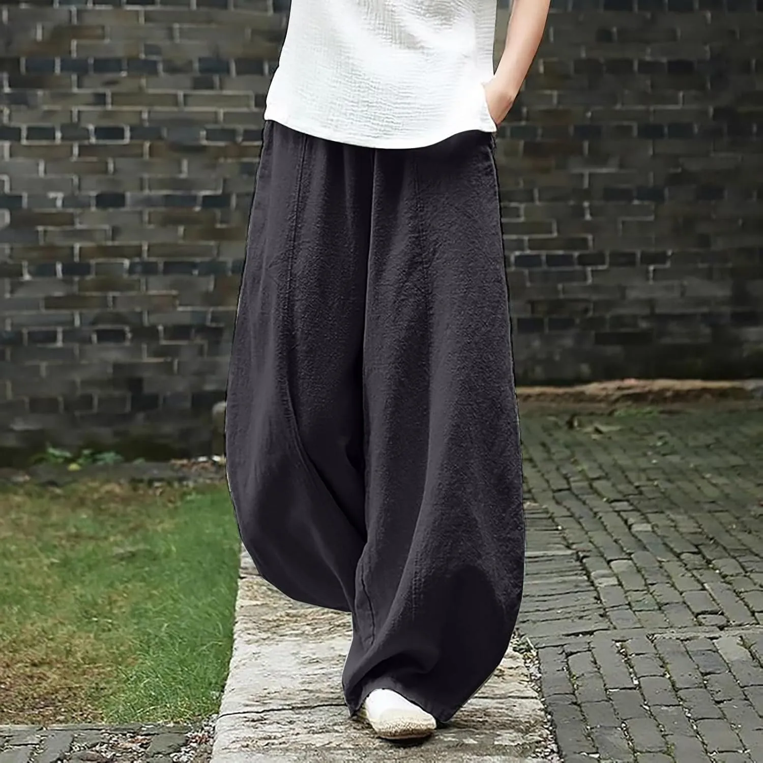 Wide Leg Linen Pants for Women Summer Baggy Japanese Style Palazzo Pants Boho Floral Lantern Trousers with Pockets