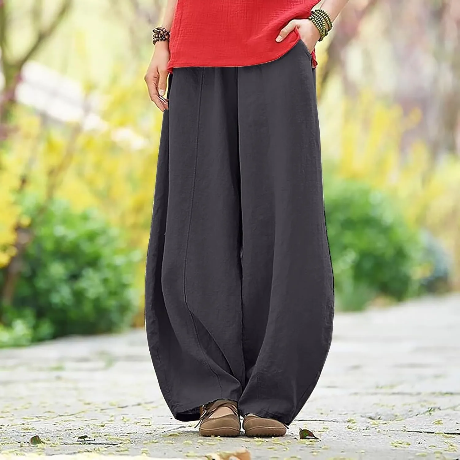 Wide Leg Linen Pants for Women Summer Baggy Japanese Style Palazzo Pants Boho Floral Lantern Trousers with Pockets