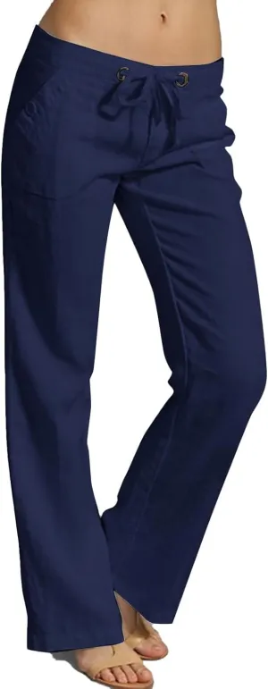 Wide Leg Linen Pants for Women Summer Beach Loose Fit Drawstring Lightweight Cotton Linen Boho Trousers with Pockets